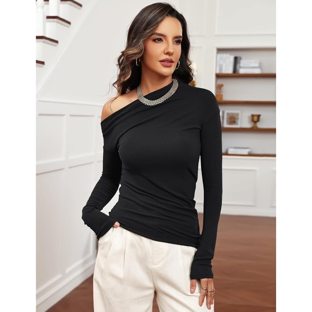 Women's Off Shoulder Top Long Sleeve Asymmetrical Slim Fit Fall Blouse - Picture 2 of 5